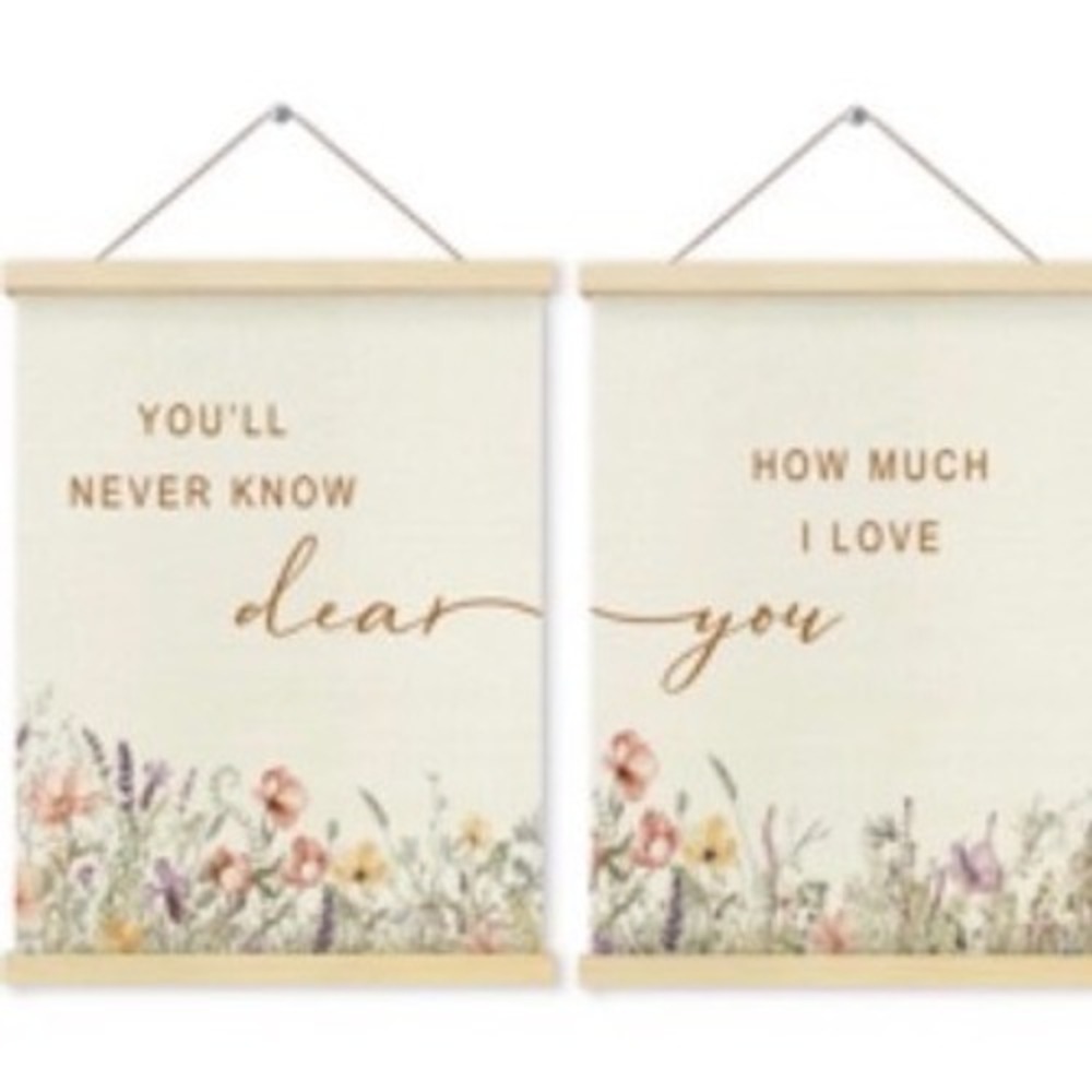 Wildflower Nursery Decor Hanging Canvas Scroll Wall Art Set of 2 Wood Frame